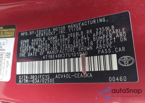 2007 Toyota Camry Se from USA, damaged, VIN 4T1BE46K27U101940